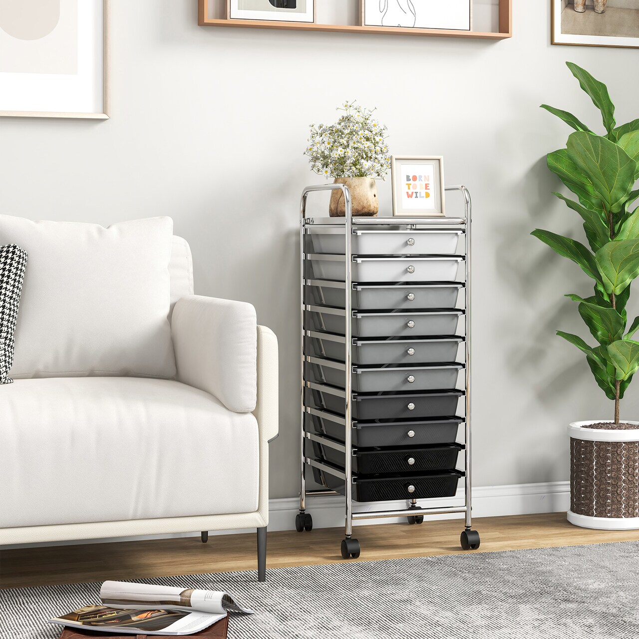 10-Drawer Rolling Storage Cart with Clear Drawers Steel Frame and Locking Wheels for Home or Office Use